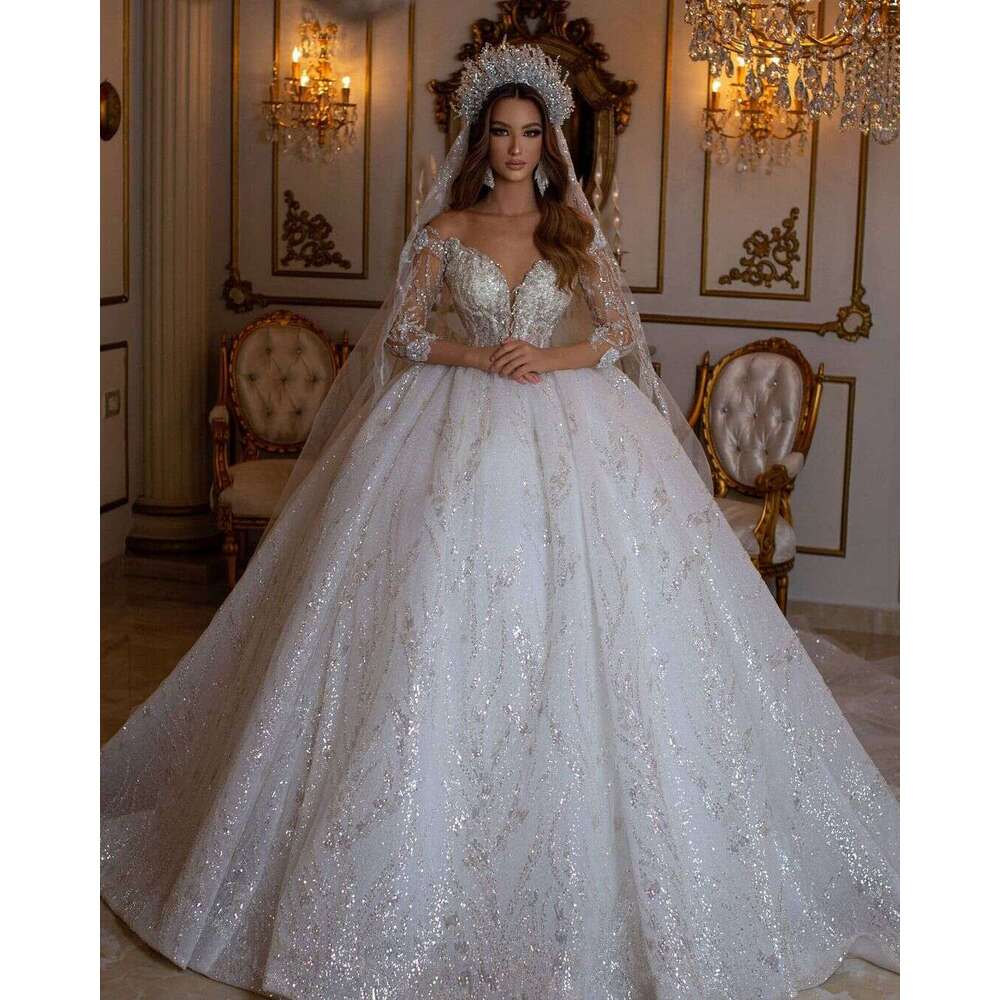 Wedding FATAPAESE Princess Dresses Strapless Beading Illusion Sleeve Sweatheart Dress Fluffy Bride V Necke Gown