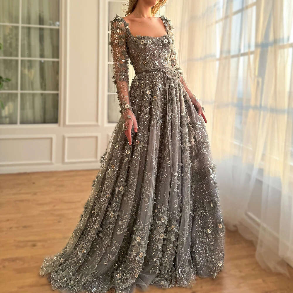 3D wer Gray Long Sleeves Evening Dresses for Women Party Elegant Beaded A-e Formal Prom Maxi Gowns Gala