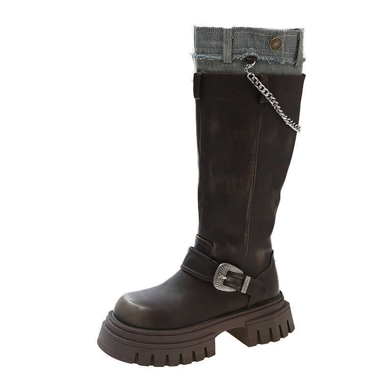 Brown Knee Thick Martin Boots Soled Women Boots Leather Long Fashion Boots Autumn Model Slim Tall Knight Boots 240826