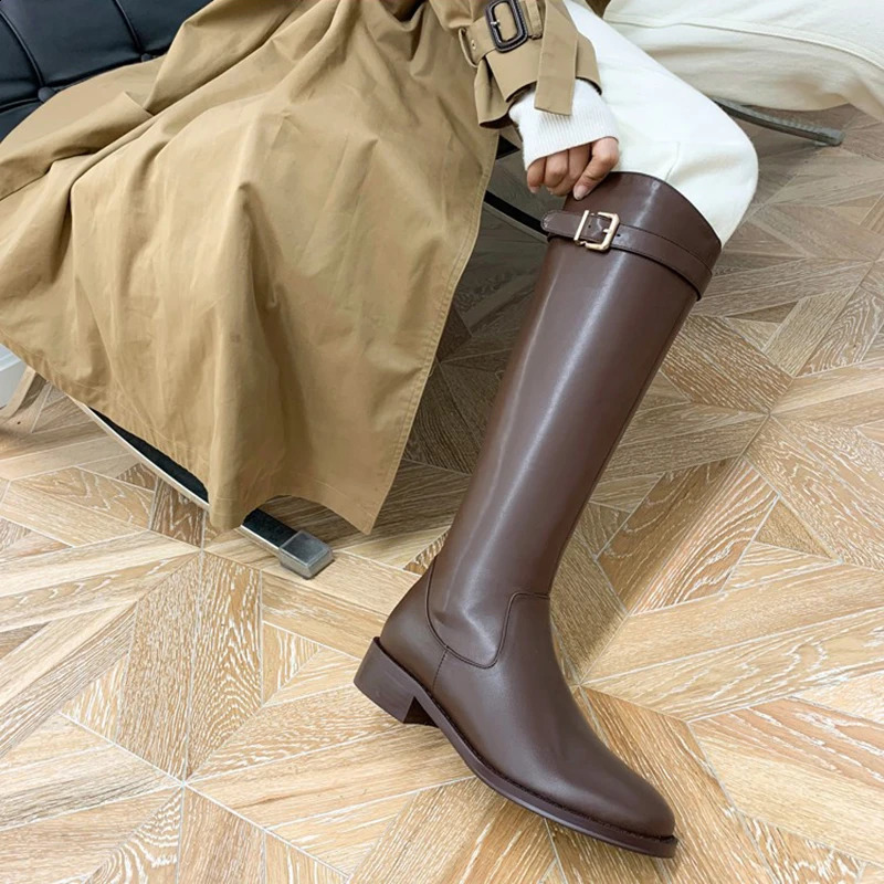 Retro womens ultra-thin knee high boots fashionable buckle shoes autumn low boots modern long boots 240904