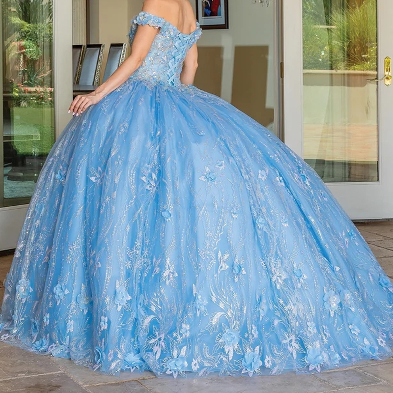 Mexican Sky Blue 2025 Quinceanera Dresses Applique Sweet 16 3D Flower Ball Gown Sequin Applique Beaded Corset Vestidos De 15 Anos