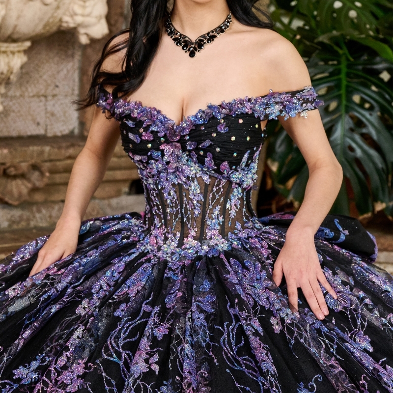 Black Shiny Quinceanera Dress Off The Shoulder Princess Sequin Applique Lace Beads Crystal Bow Tull Sweet 16 Birthday Party Vestido De 15 Anos