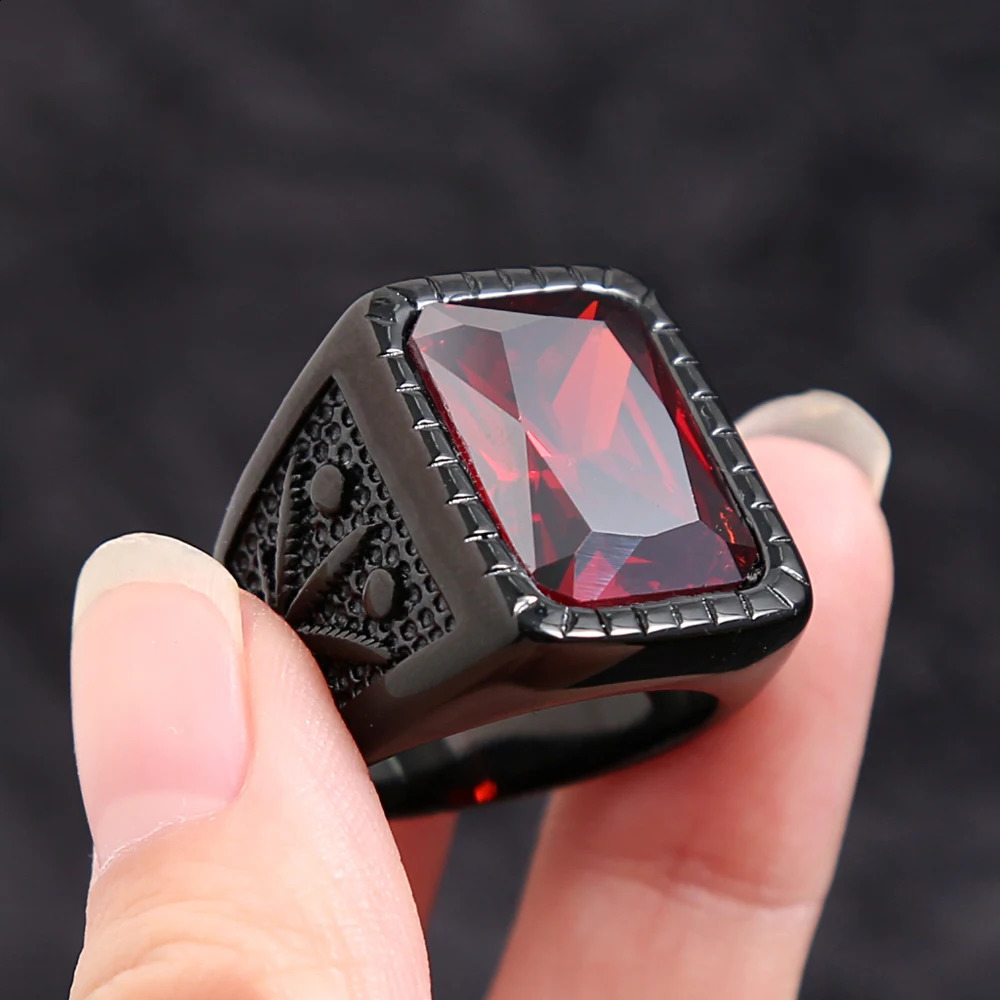 Fashion stainless steel natural redstone square ring punk bicycle black leaf shaped ring mens party jewelry gift wholesale 240905