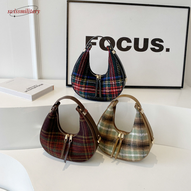 Swissmilitary Niche Design Women's Autumn/Winter 2024 New Fashion Plaid Handheld Shoulder Premium Woolen Crescent Bag #26