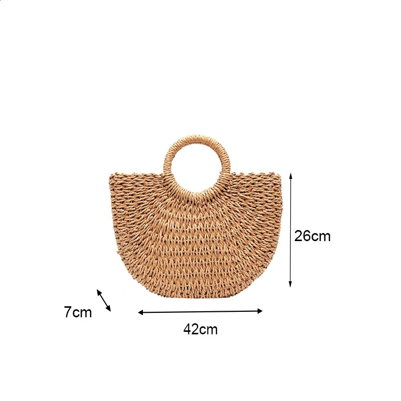 Summer Halfmoon Straw Bag For Women Handmade Portable Handbag Large Capacity Beach Basket Woven Tophandle Purse 241203