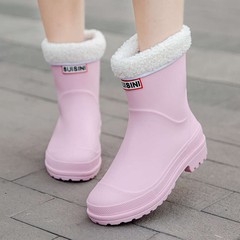 New Fashion Women Waterproof PVC Work Shoes Outdoor Winter Middle Tube Plus Fleece Slip On Rain Boots Lady Size 36-41