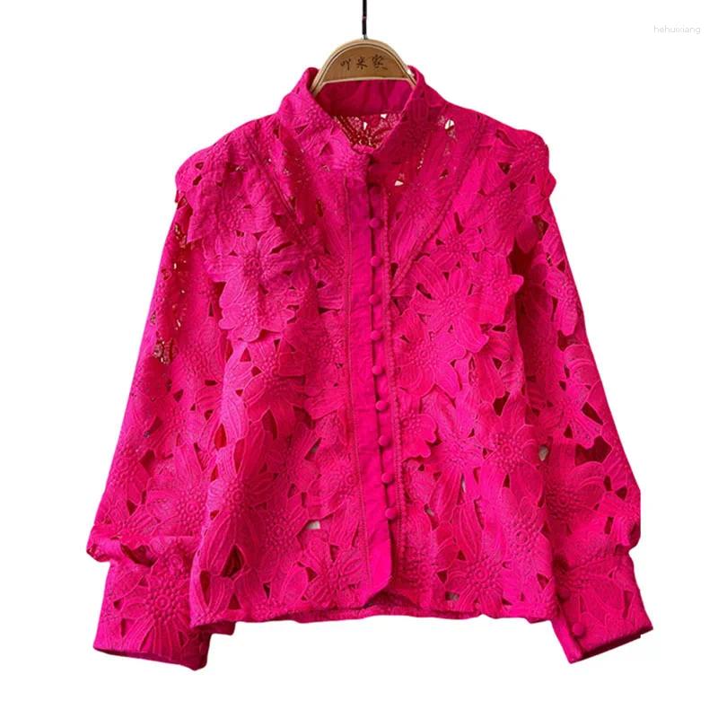 Lace Hollow Out Blouses For Women - Fashionable Solid Color Stand Collar Long Sleeve Tops