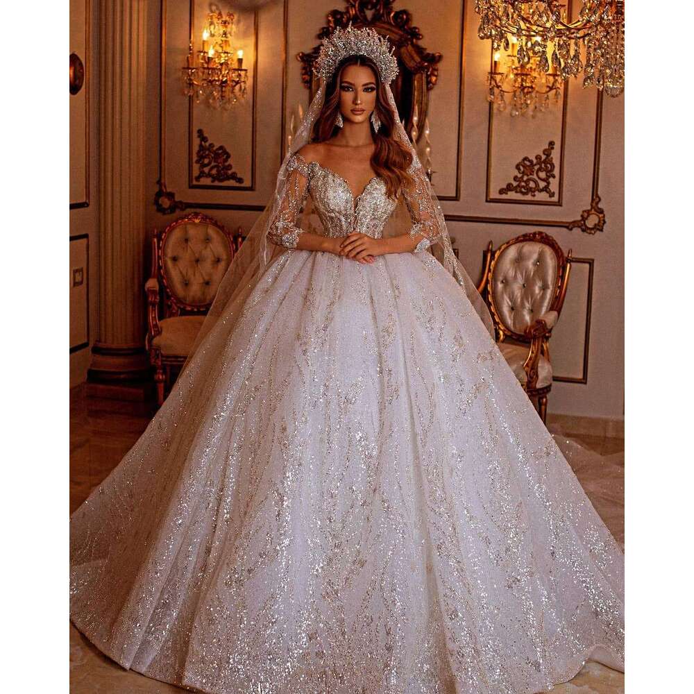 Wedding FATAPAESE Princess Dresses Strapless Beading Illusion Sleeve Sweatheart Dress Fluffy Bride V Necke Gown