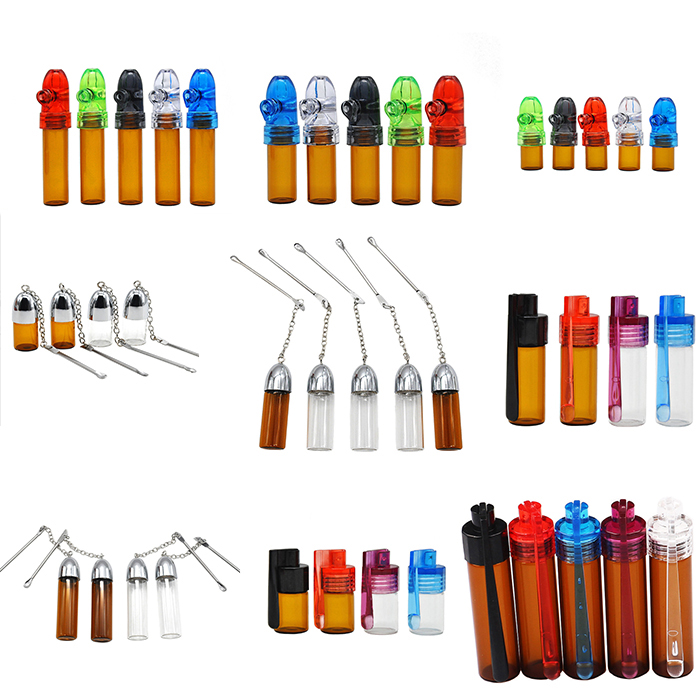 New 3 Style Snuff Snorter Bottle Smoking Pipes Pill Case Plastic Glass Containers Glass Small Medicine Box Powder Medicine Box With Metal Spoon And Cap Wholesale