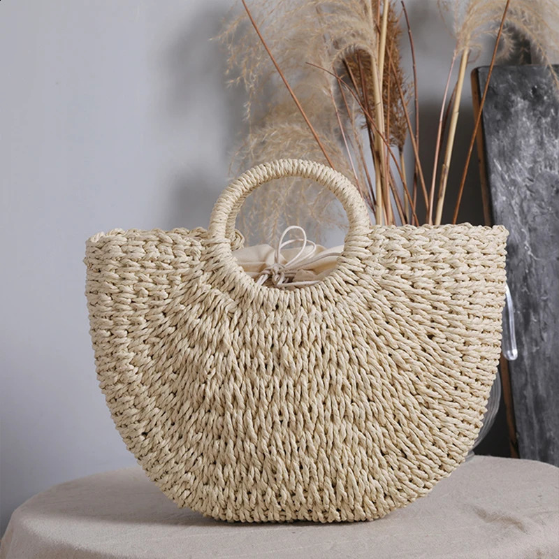 Summer Halfmoon Straw Bag For Women Handmade Portable Handbag Large Capacity Beach Basket Woven Tophandle Purse 240905