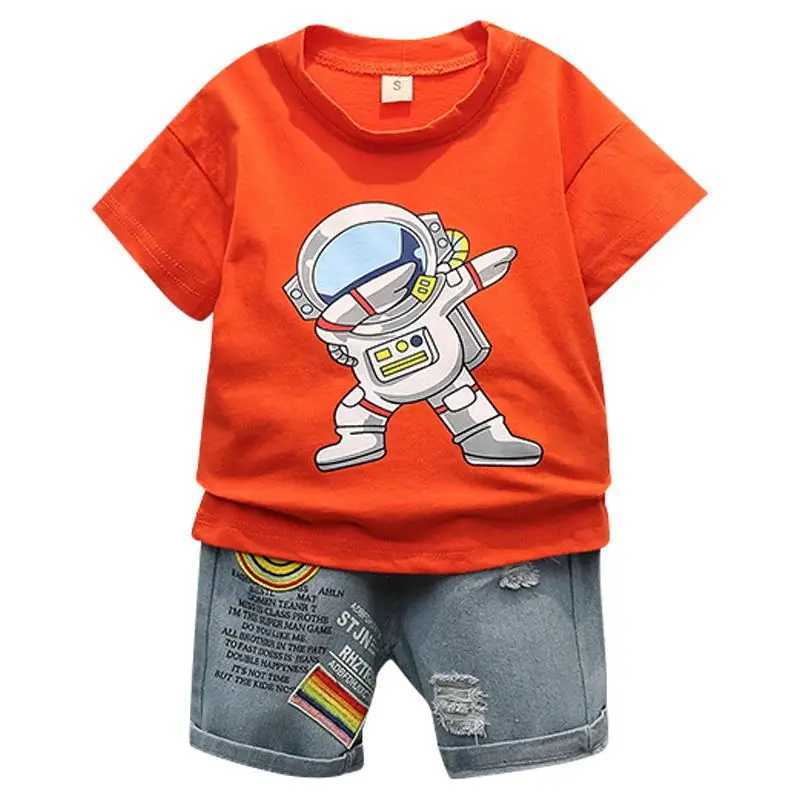 Summer new boy cartoon printed round neck T-shirt casual sports jeans short sleeved set 0-5 years old pure cotton baby set W240824