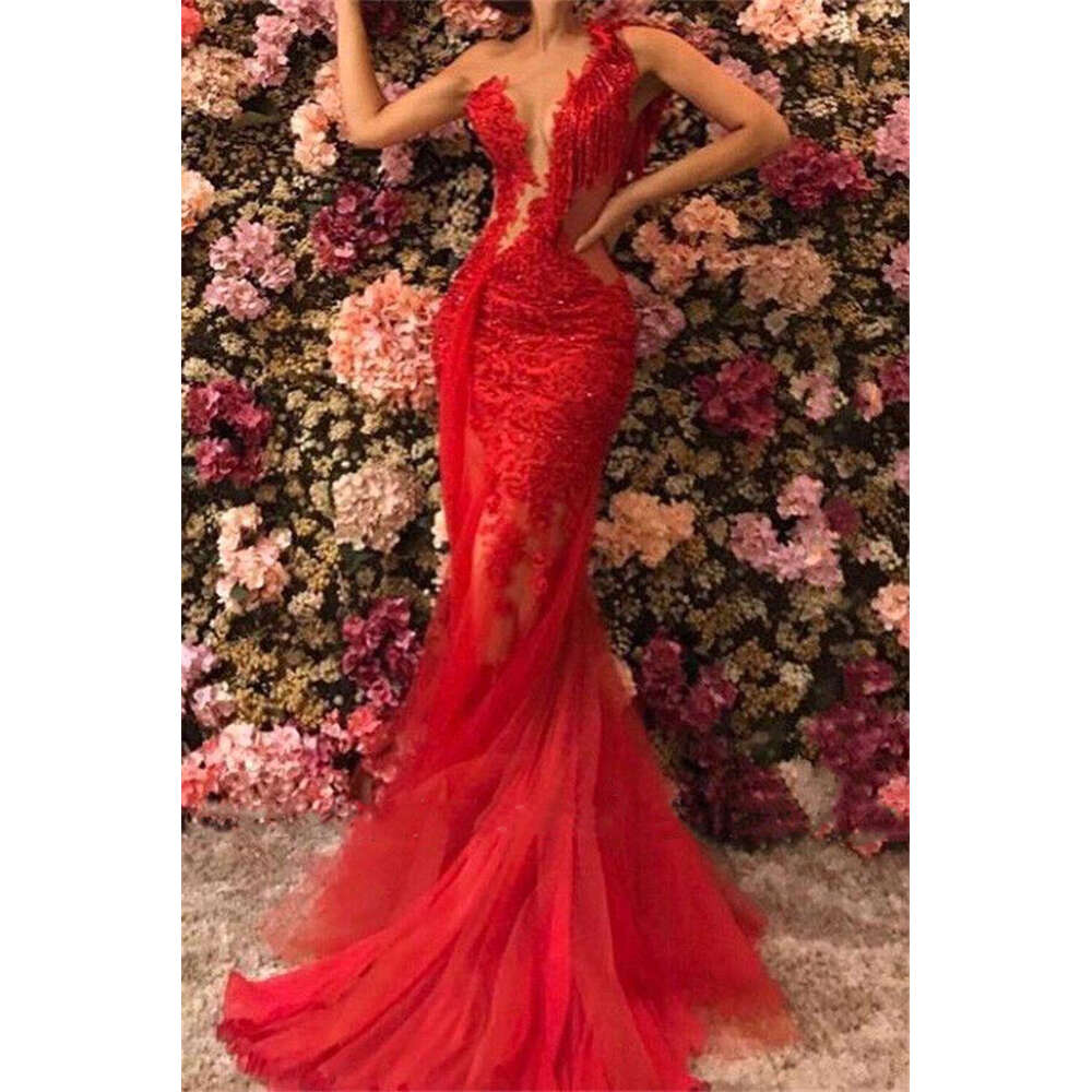 Red Charming Lace Evening Dreses One Shoulder Beading Sequined Mermaid Long Formal Prom Party Gowns Women Vestido De Fiesta