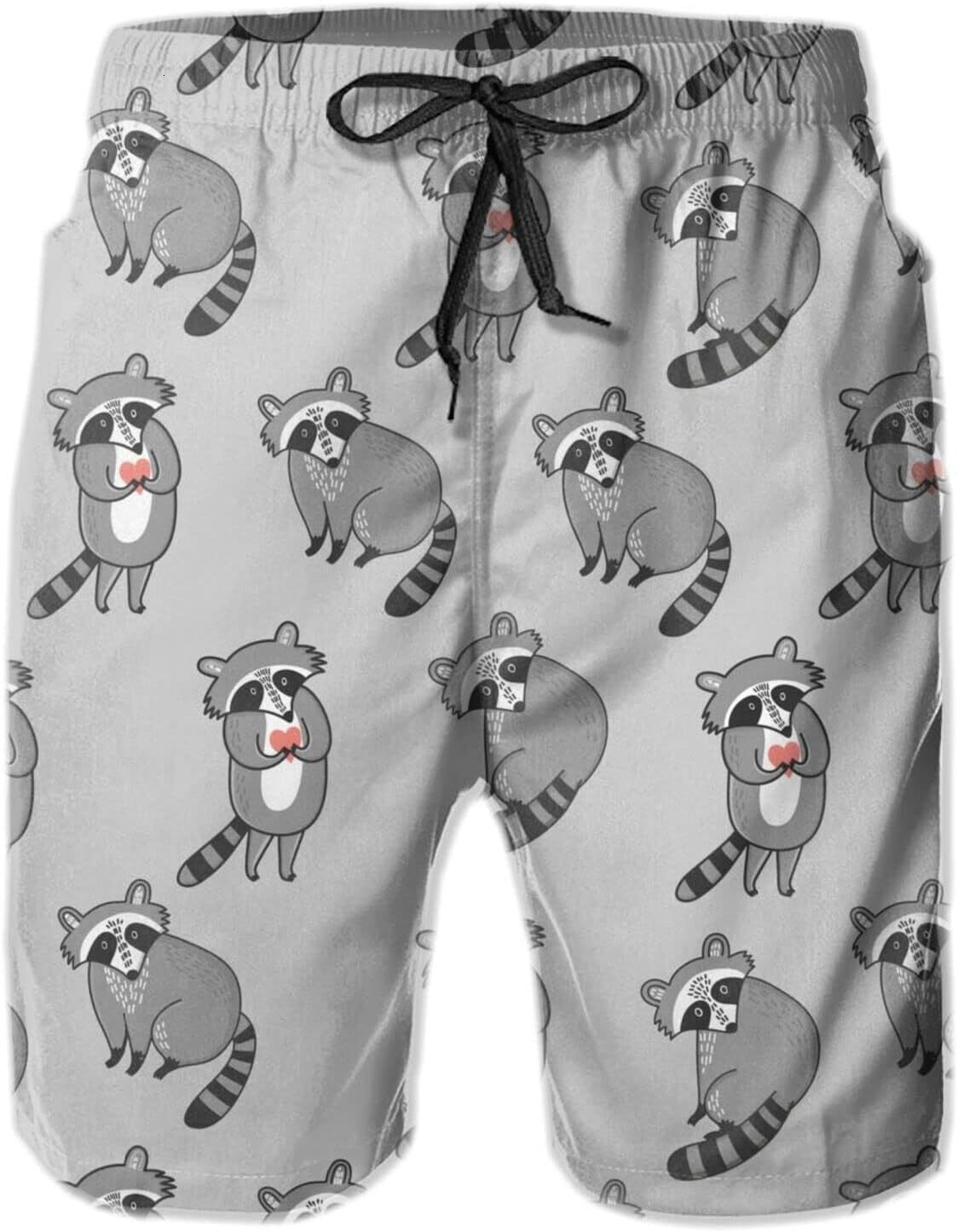 Mens Shorts 3D Printed Pattern Cute Raccoon Swim Trunks Quick Dry Print Beach Board Swimwear