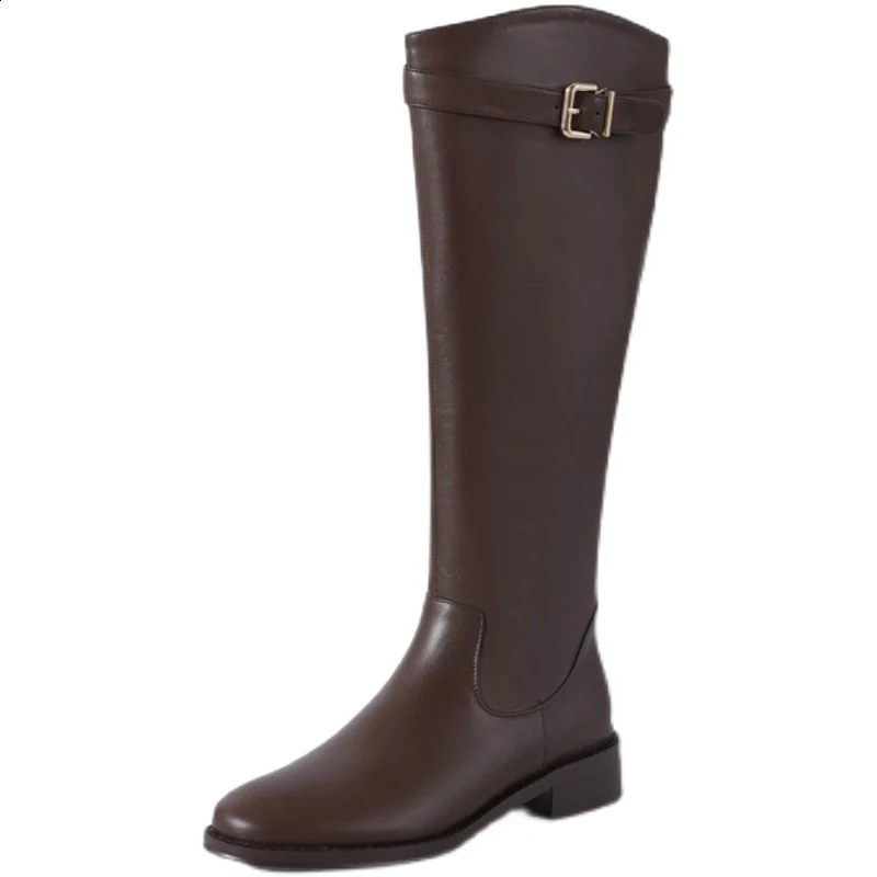 Retro womens ultra-thin knee high boots fashionable buckle shoes autumn low boots modern long boots 240904