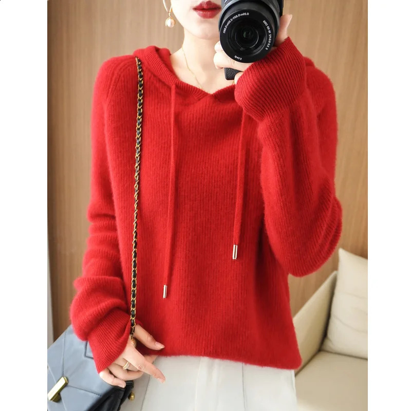 High quality cashmere hooded sweater for women loose knitted thick 240905