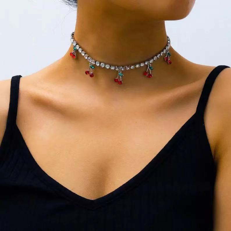 Fashion Bohemian Cherry Choker Necklace Gold Cz Hip Hop Tennis Chain Necklace for Women Tiny Rhinestone Cherry Pendant Necklace Jewelry for Women Gift