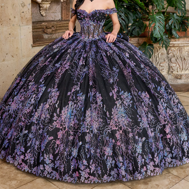 Black Shiny Quinceanera Dress Off The Shoulder Princess Sequin Applique Lace Beads Crystal Bow Tull Sweet 16 Birthday Party Vestido De 15 Anos