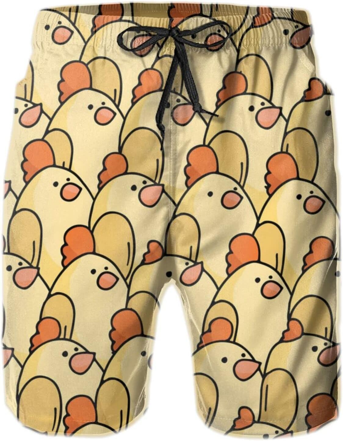 Mens Shorts 3D Printed Pattern Cute Chicken Swim Trunks Quick Dry Casual Beach Board Swimwear