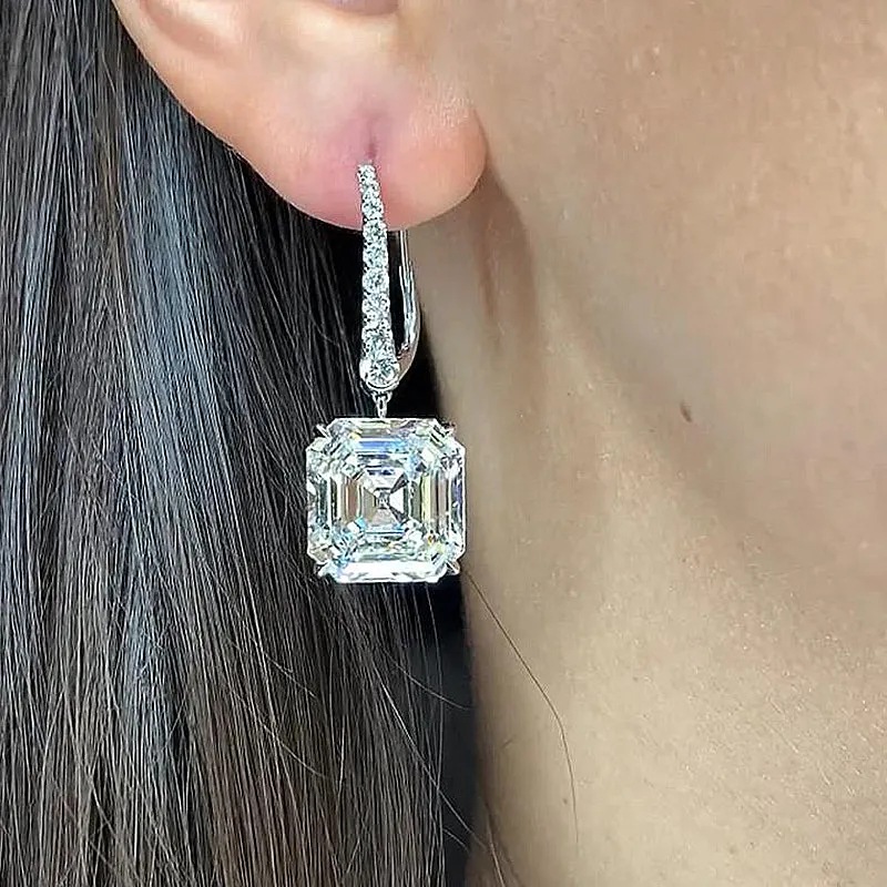 Sterg Sier Dangle Earrings for Women, Princess Cut White Topaz Jewelry, CZ Eternity Wedding Drop Earring Gift