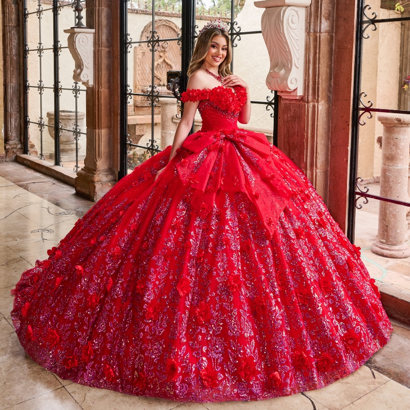 Red Shiny Princess Ball Gown Quinceanera Dresses Off The Shoulder Sequin Applique Lace Beads Tull Sweet 16 Dress Vestido De 15Anos
