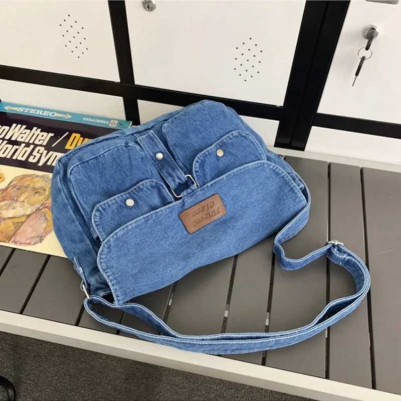 Denim Vintage Shoulder Bags for Women Japanese Fashion College Style Mens Messenger Bag Multi Functional Designer Handbag 240905