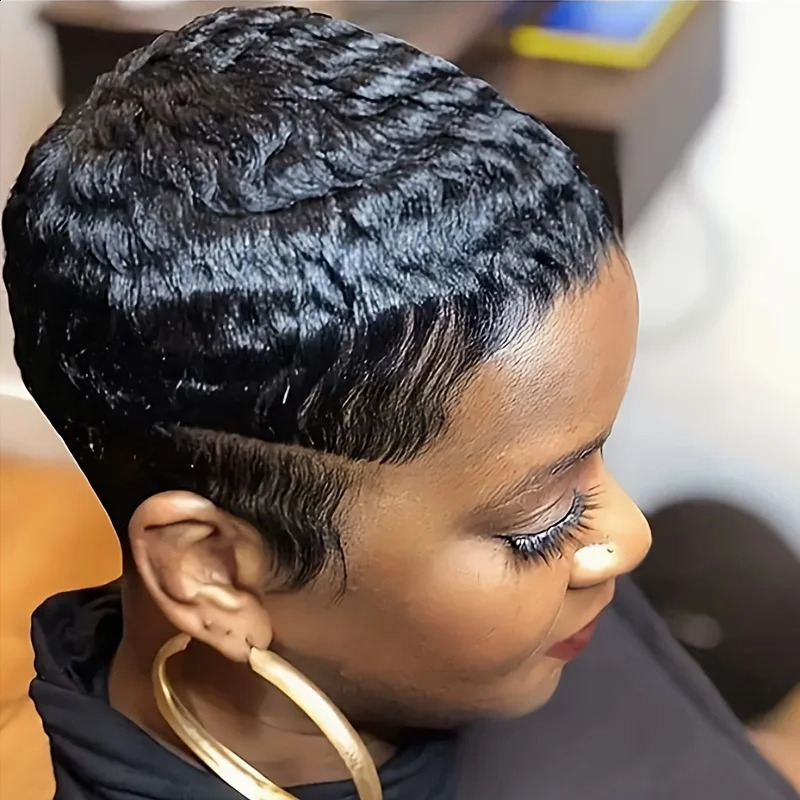 Curly Wave Short Pixie Cut Brazilian Remy Hair Bob Full Machine Made Wigs For Women Natural Black Color Human Hair Wig 240828