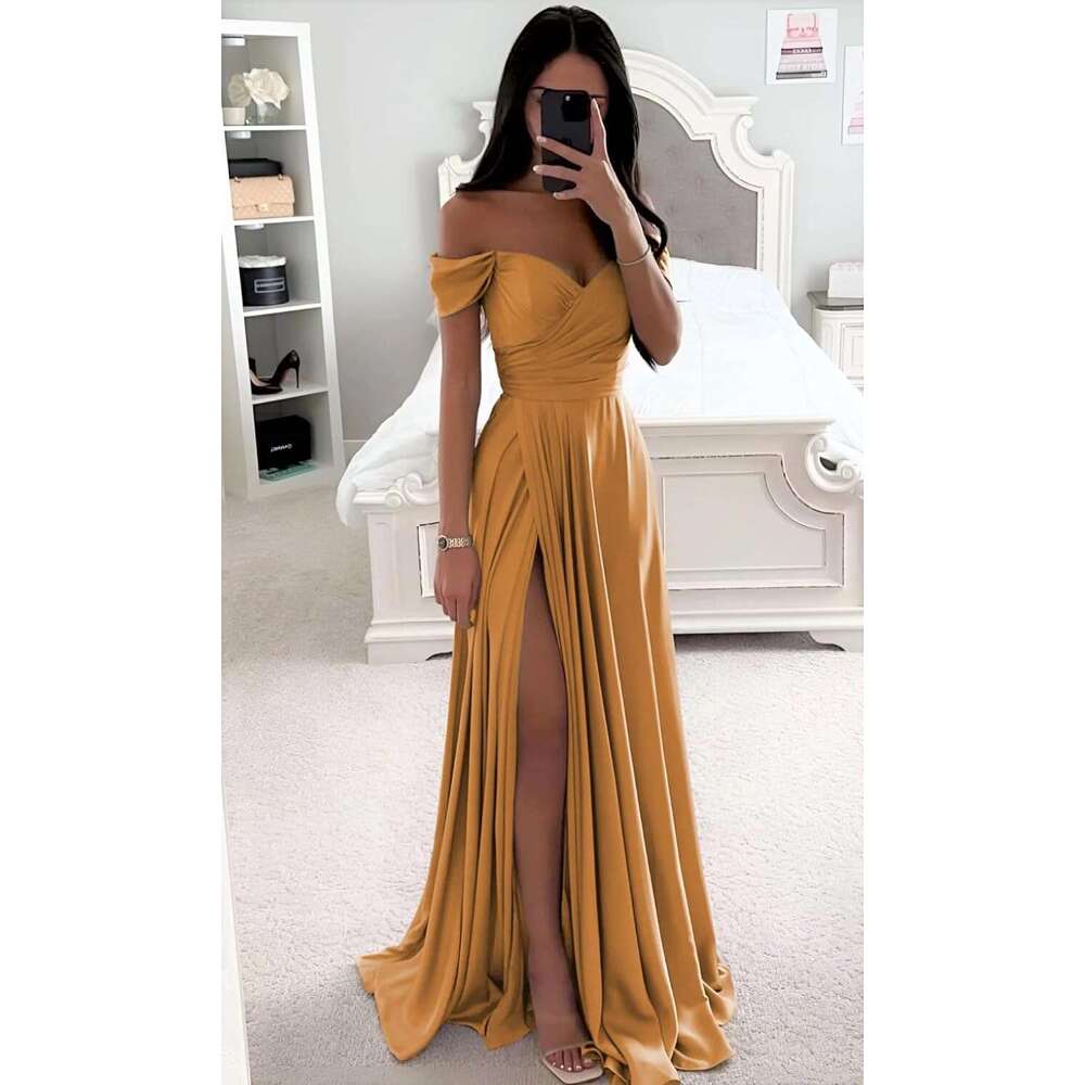 Women's Off The Shoulder Satin Bridesmaid Dresses For Long Pleated Formal Evening Party Gowns Elegant Slit Maxi Dress 0226Lz