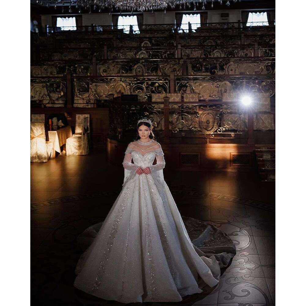 FATAPAESE Wedding Dress Princess Gown Beading Crystal Stons Illusion Flare Sleeve with Cape V-Neck Fluffy Skirt Bride