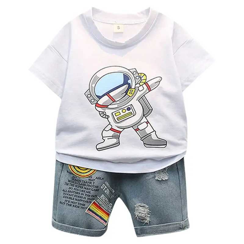 Summer new boy cartoon printed round neck T-shirt casual sports jeans short sleeved set 0-5 years old pure cotton baby set W240824