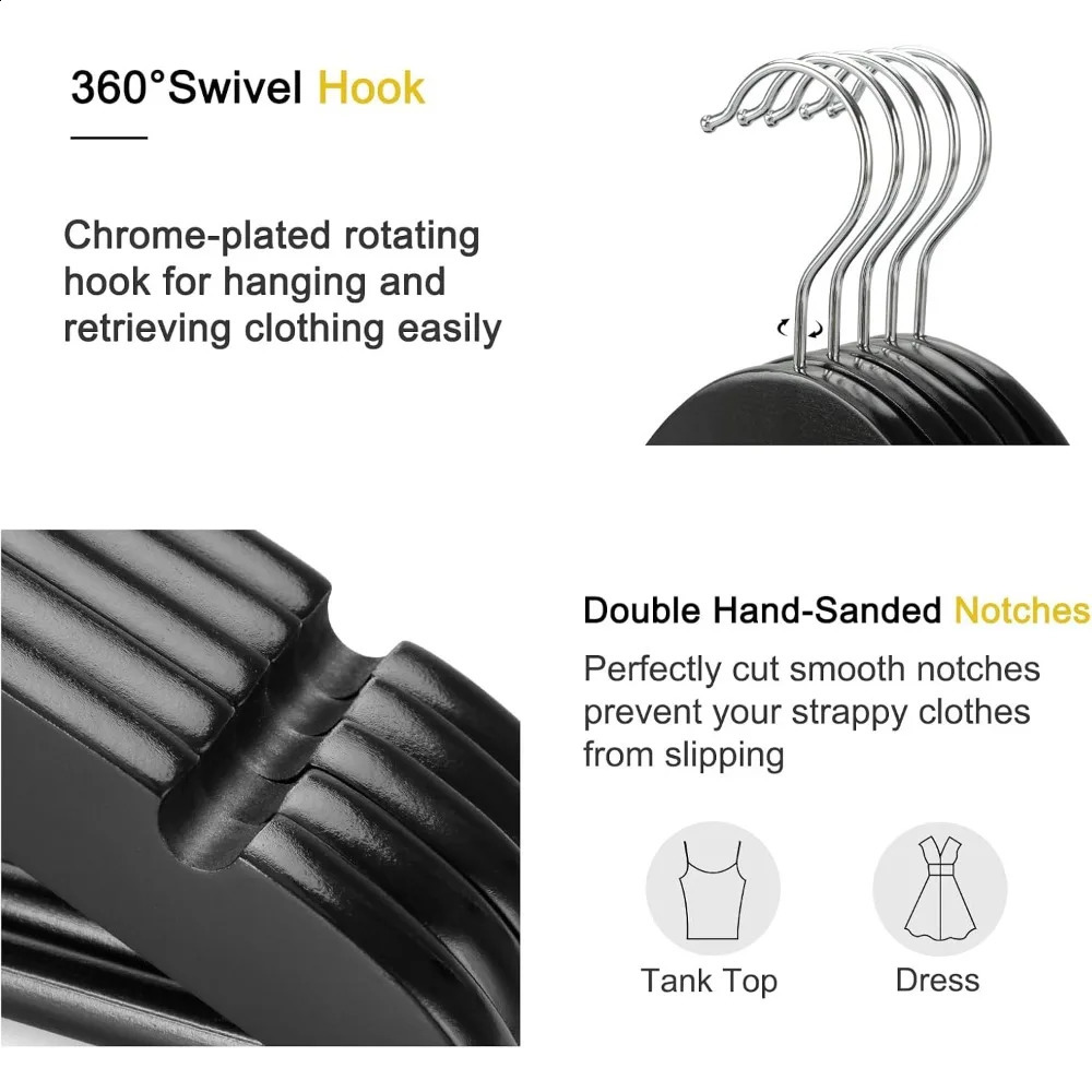 Wooden Coat Hangers 30 Pack Black Wood Suit 360° Swivel Hook and NonSlip Shoulder Notches for Camisole 240904