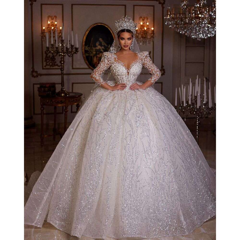Wedding FATAPAESE Dress Princess Dresses V Neck Beading Illusion Ral Sleeve Sparkly Crystal Fluffy Skirt Bride Gown Es