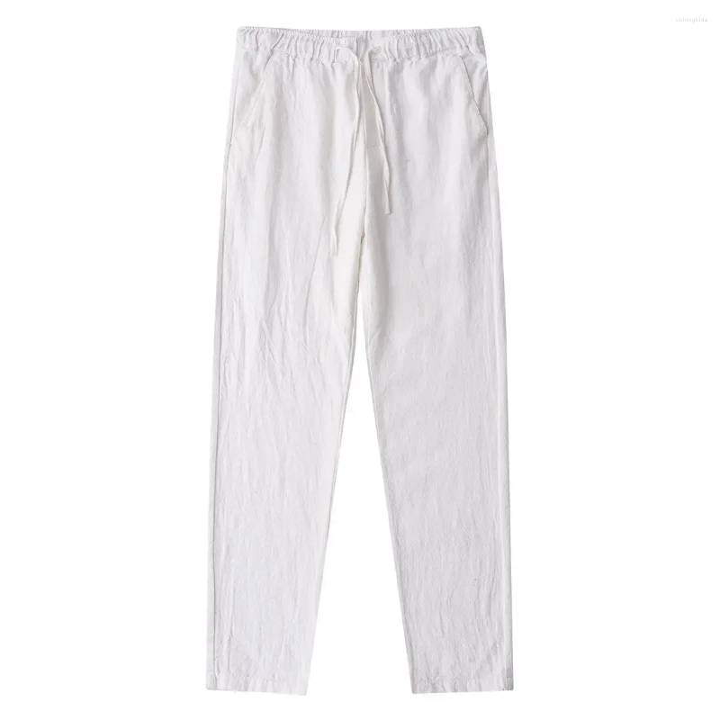 Mens Pants 2024 Summer Linen Cotton Breathable Loose-fit Casual Japanese Simple Solid Color Drawstring Straight-leg White Trousers