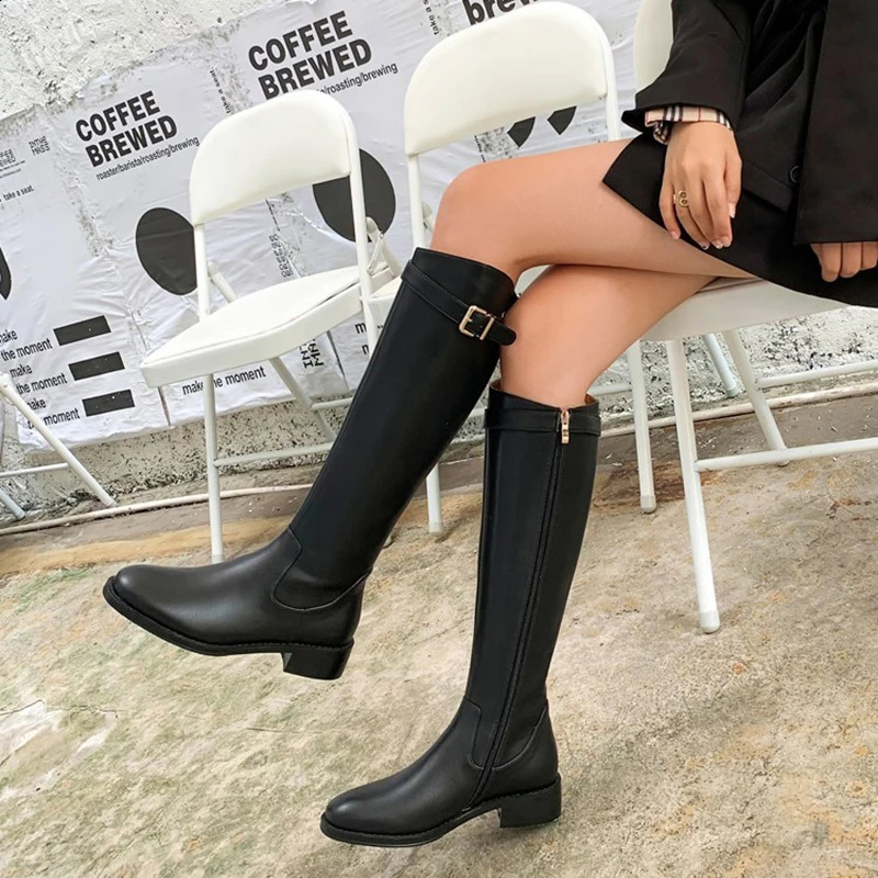 Retro womens ultra-thin knee high boots fashionable buckle shoes autumn low boots modern long boots 240904