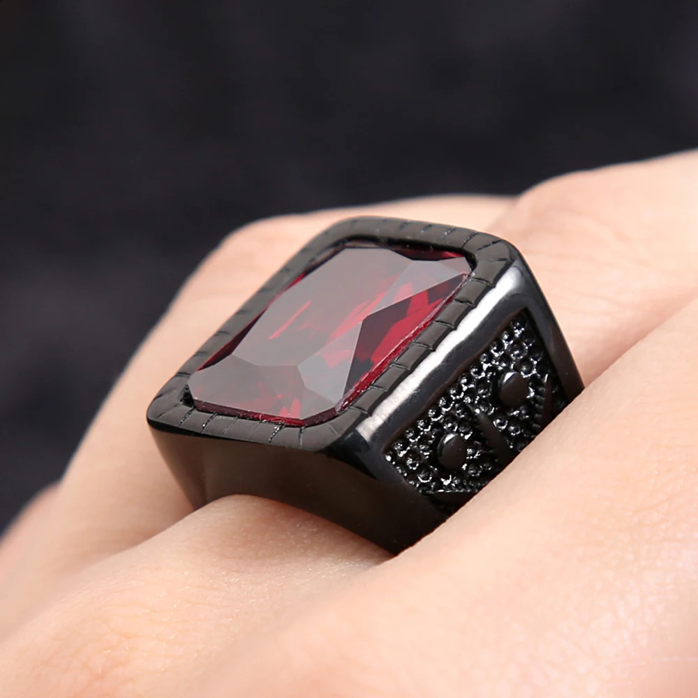 Fashion stainless steel natural redstone square ring punk bicycle black leaf shaped ring mens party jewelry gift wholesale 240905