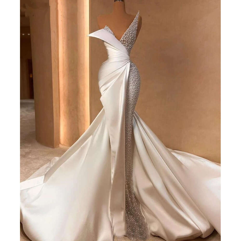 White Elegant Strapless Mermaid Wedding Pearl Sequins Bridal Gowns Custom Made Sleeveless Dresses Vestido de novia