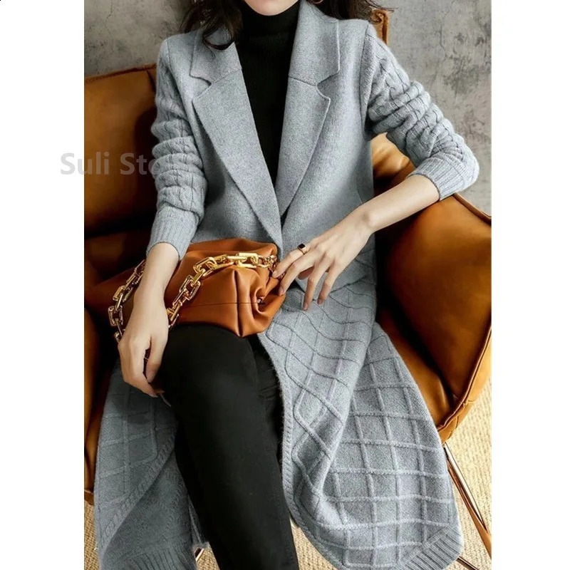 European long cashmere cardigan womens autumn and winter item knee slimming thick wool coat knitted sweater 240905