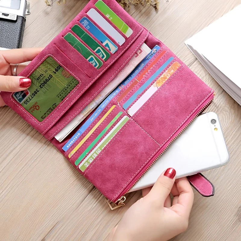 Vintage Women Long Standard Wallets Purse Fold Drawstring Nubuck Leather Zipper Suede Bag Female Simple n Clutch Handbags 240905