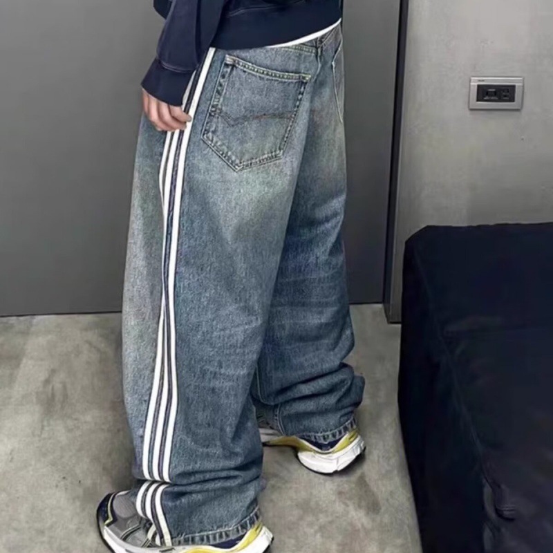 Men's Jeans American Style Vintage Wash Distressed Side Stripe Jeans Loose Fit Niche Design Sensibility Long Pants For Men Women