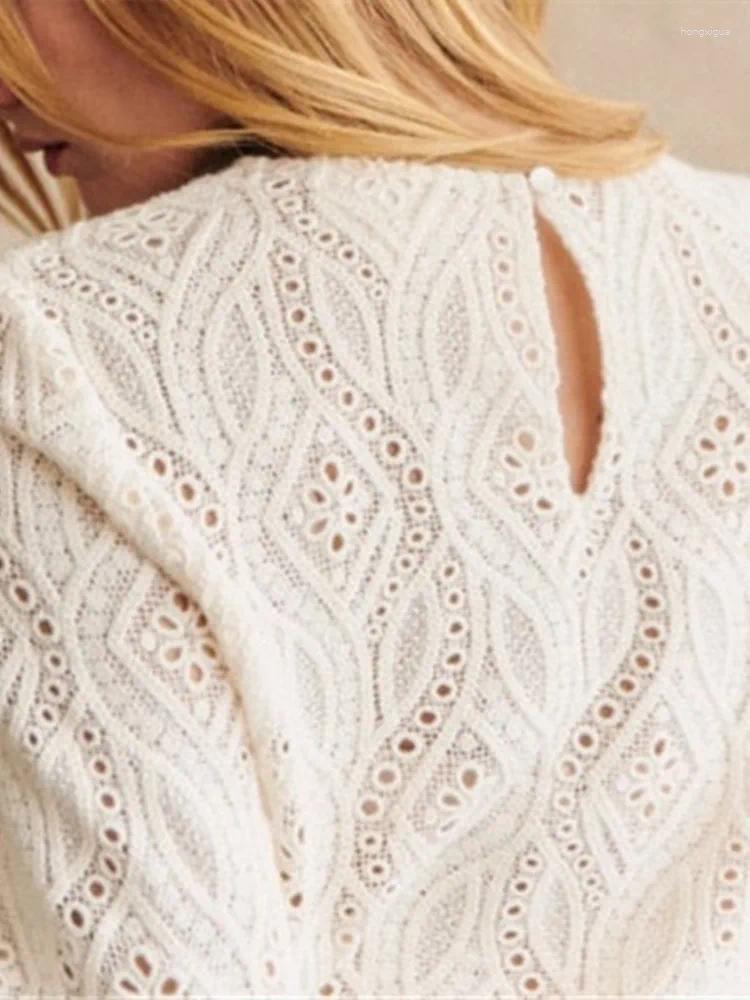 Womens Blouses Hollow Out Blouse Women Lace Patterned Round Neck Long Sleeve Temperament Straight Top Feminine Chemise Autumn 2024