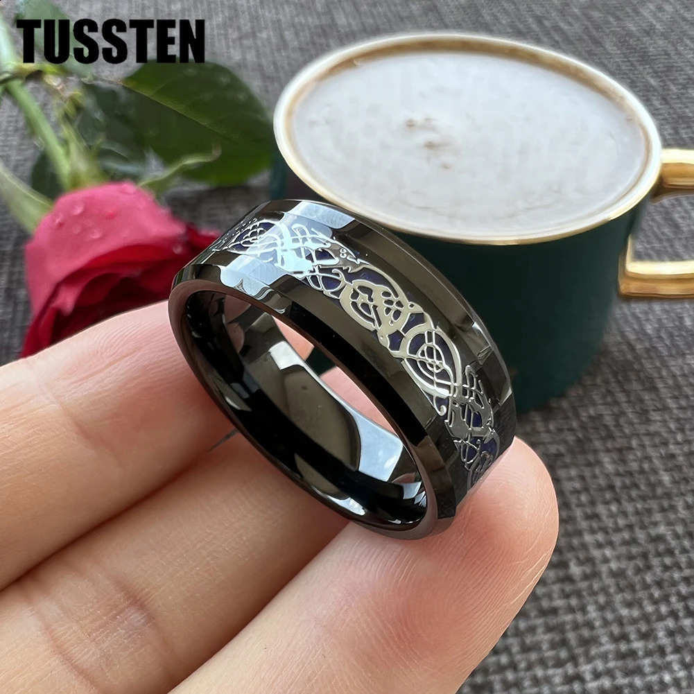 Drop TUSSTEN 8MM Dragon Ring Tungsten Wedding Ring Mens and Womens Diagonal Polishing Edge Classic Jewelry 240905