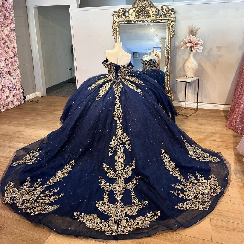 Navy Blue Shiny Quinceanera Ball Gown Off Shoulder Gold Lace Applique Beading Tiered Corset Sweet 16 Dress Vestidos De 15 Anos