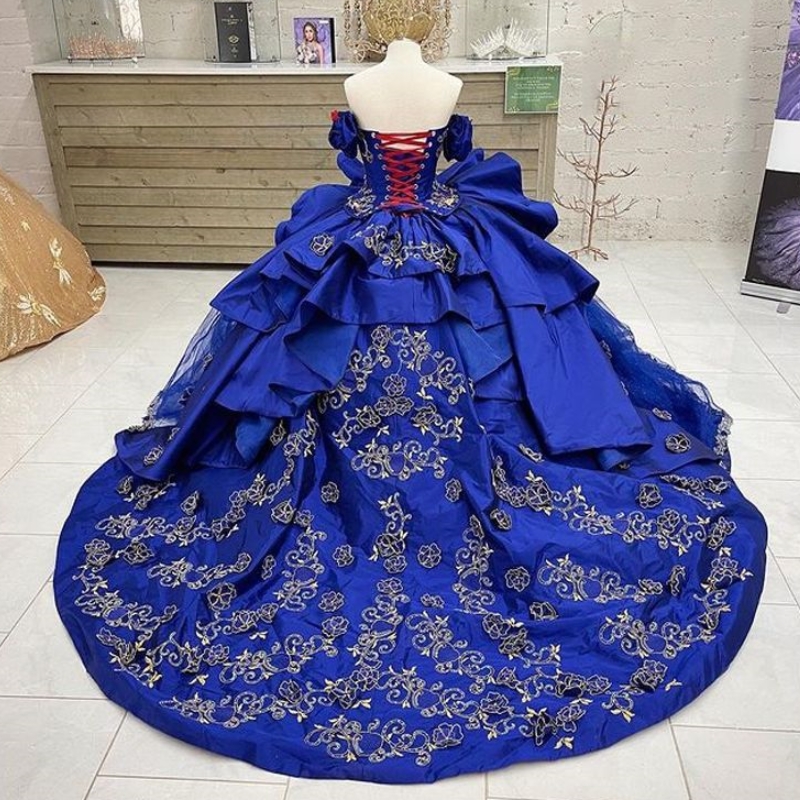 Royal Blue Quinceanera Dresses Sweetheart Princess Off the Shoulder Applique Lace Ball Gown Birthday Party Lace-Up Beaded Sweet 16 vestidos de 15