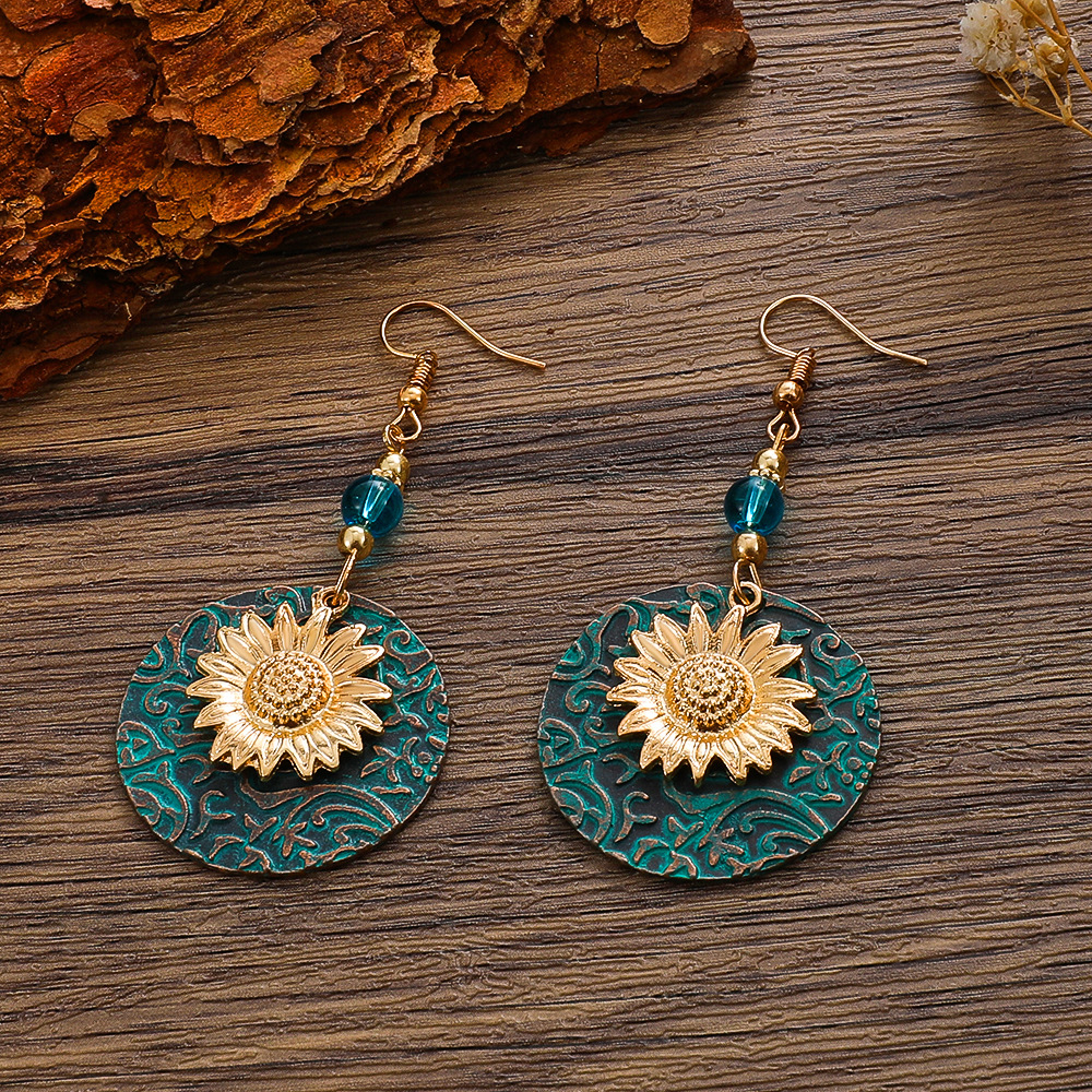 Elegant Two-Tone Sunflower Embroidery Dangly Earrings - Retro Bohemian Chic Accessory