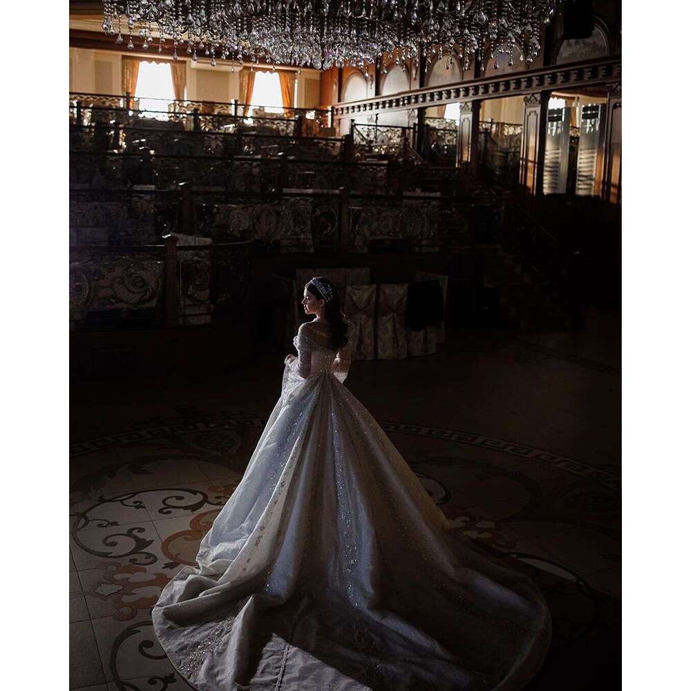 FATAPAESE Wedding Dress Princess Gown Beading Crystal Stons Illusion Flare Sleeve with Cape V-Neck Fluffy Skirt Bride