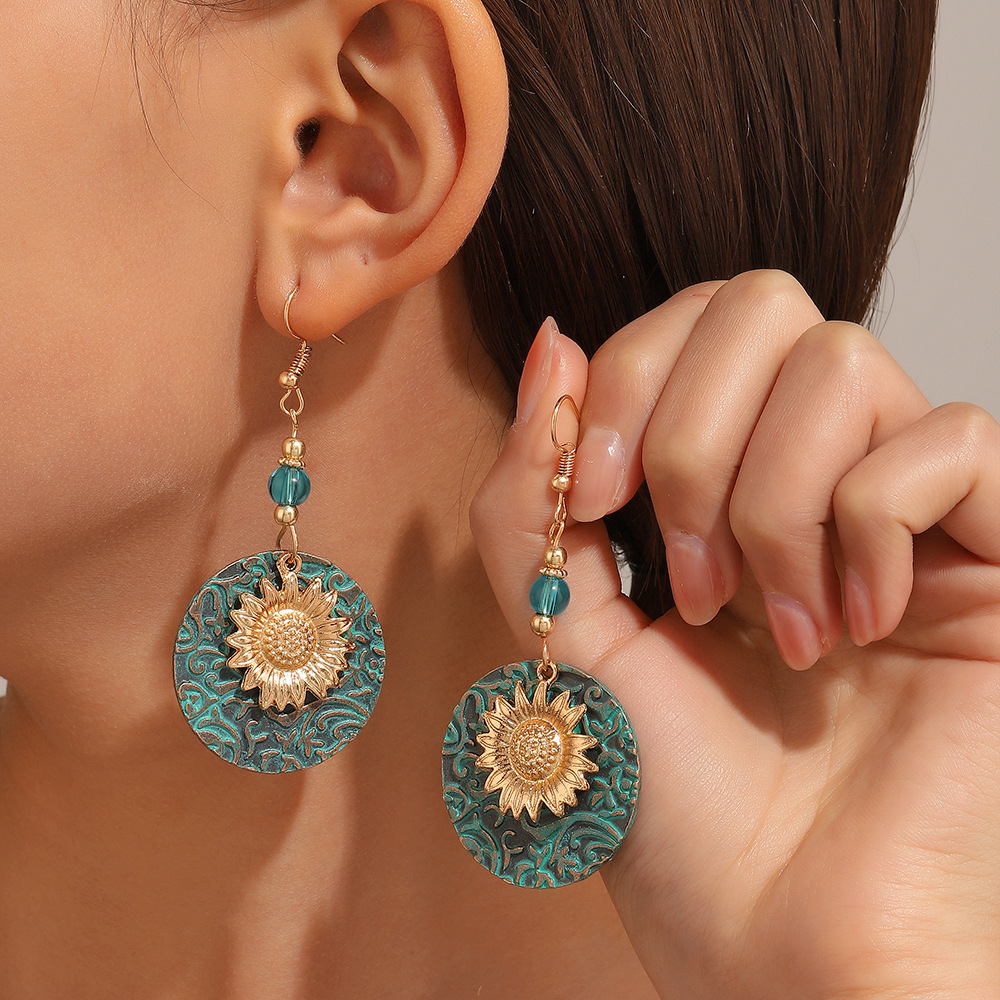 Elegant Two-Tone Sunflower Embroidery Dangly Earrings - Retro Bohemian Chic Accessory