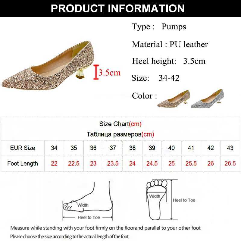 High Quality Med Heel Bling Sparkling Wedding Shoes Womens Slip Gold Sier Thin Boots Pump Womens Pointed Soles Shining Party Shoes Plus Size 42 T24102
