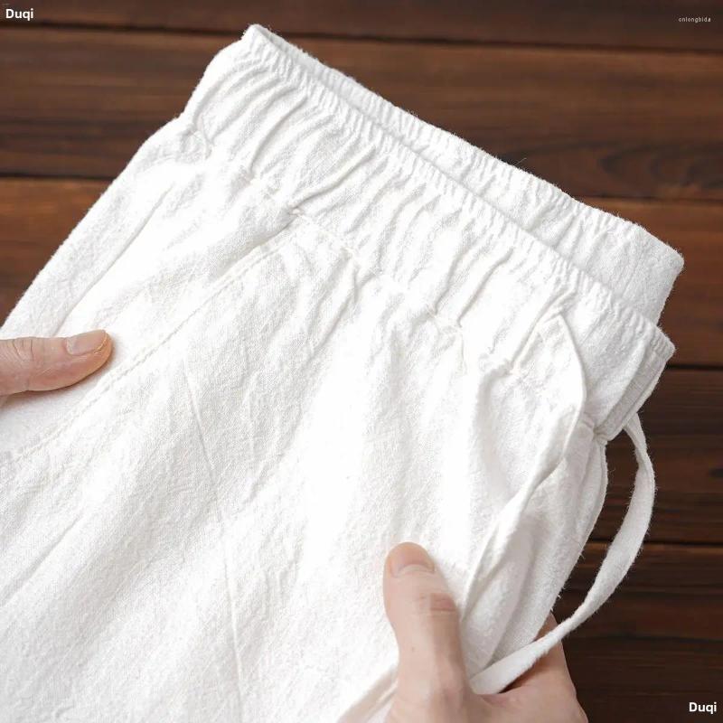 Mens Pants 2024 Summer Linen Cotton Breathable Loose-fit Casual Japanese Simple Solid Color Drawstring Straight-leg White Trousers