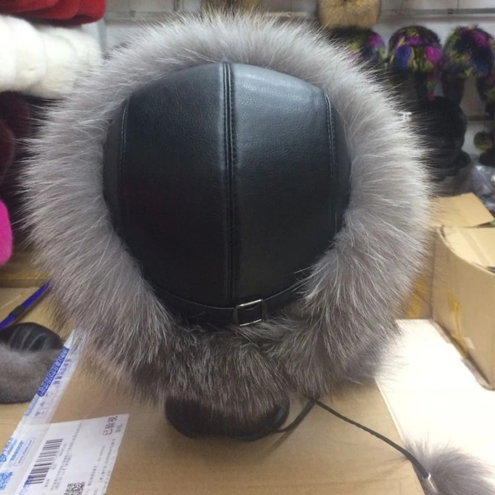 Real Fox Fur Hat for Women with Leather Top Mongolian Princess Hat with Pompom Winter Warm beanie Russian Cap Bonnets for Women 240828