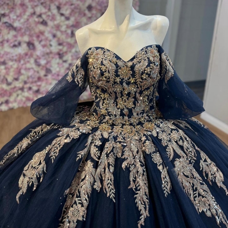 Navy Blue Shiny Quinceanera Dress Ball Gown Off Shoulder Gold Lace Applique Beading Bow Corset Sweet 16 Dress Vestidos De 15
