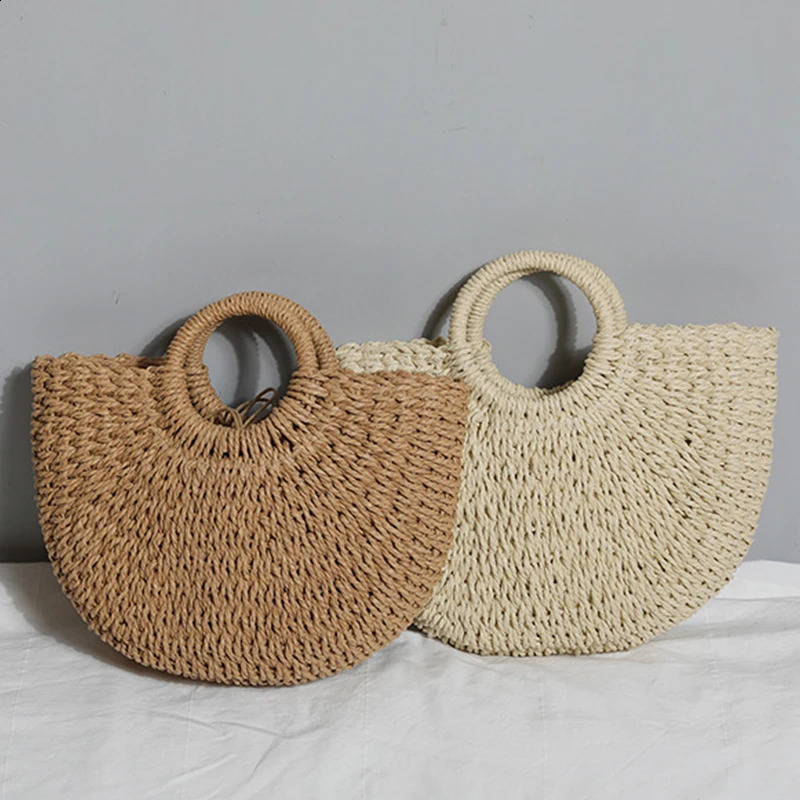 Summer Halfmoon Straw Bag For Women Handmade Portable Handbag Large Capacity Beach Basket Woven Tophandle Purse 240905